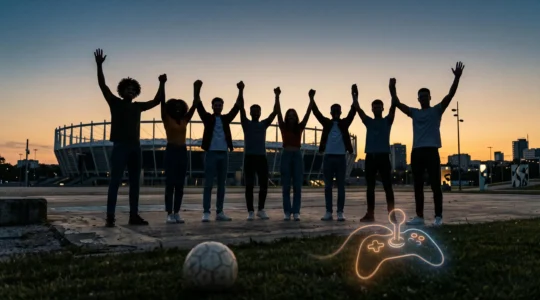 Composition symbolique mêlant univers du jeu vidéo et du sport illustrant la construction d'une identité collective au 21e siècle