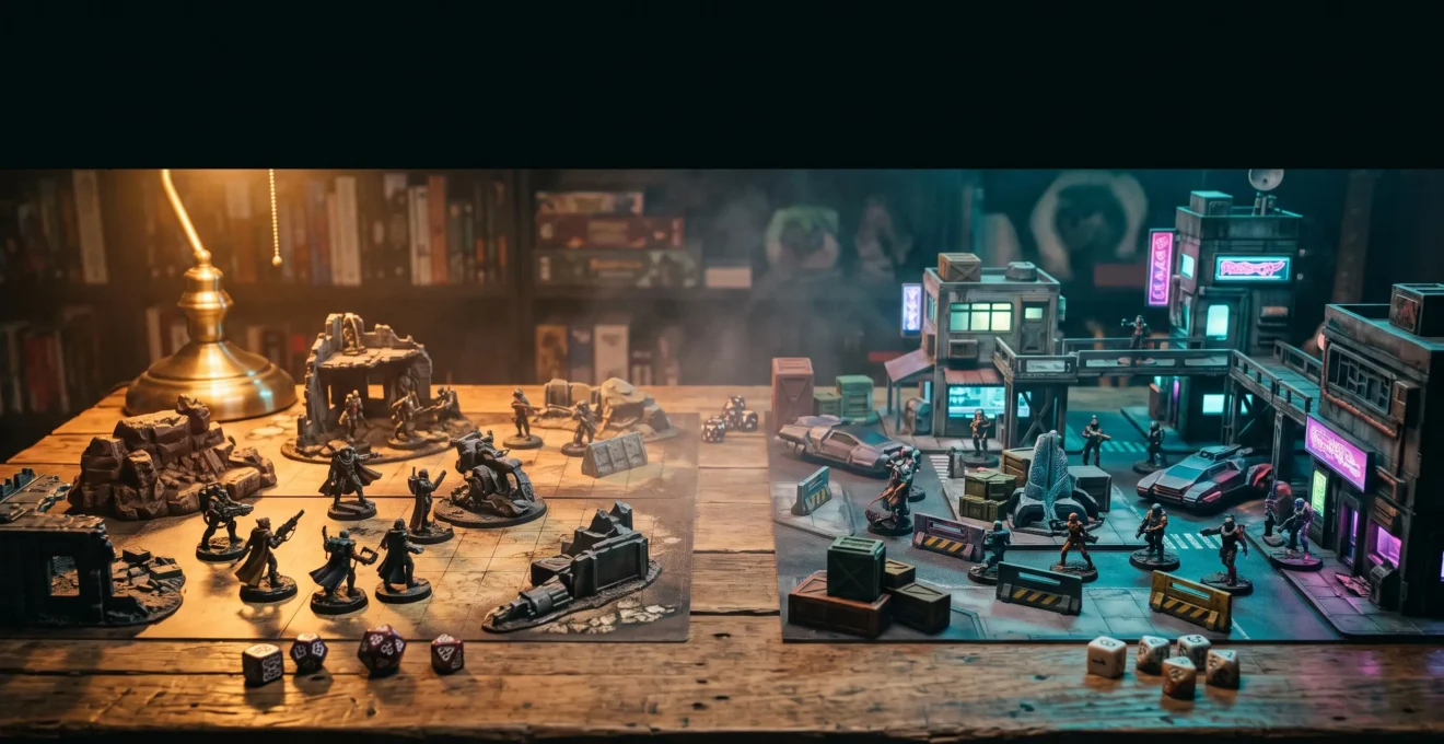 Une table de jeu de rôle éclairée où convergent symboliquement plusieurs ambiances de science-fiction, entre lumière chaleureuse et lueurs froides néon
