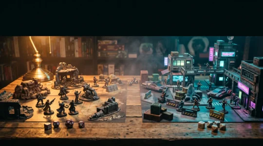 Une table de jeu de rôle éclairée où convergent symboliquement plusieurs ambiances de science-fiction, entre lumière chaleureuse et lueurs froides néon