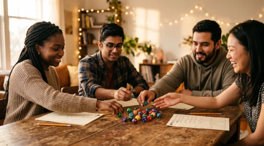 Un groupe de jeunes adultes réunis autour d'une table en bois, découvrant ensemble un kit d'initiation au jeu de rôle avec dés et fiches de personnages