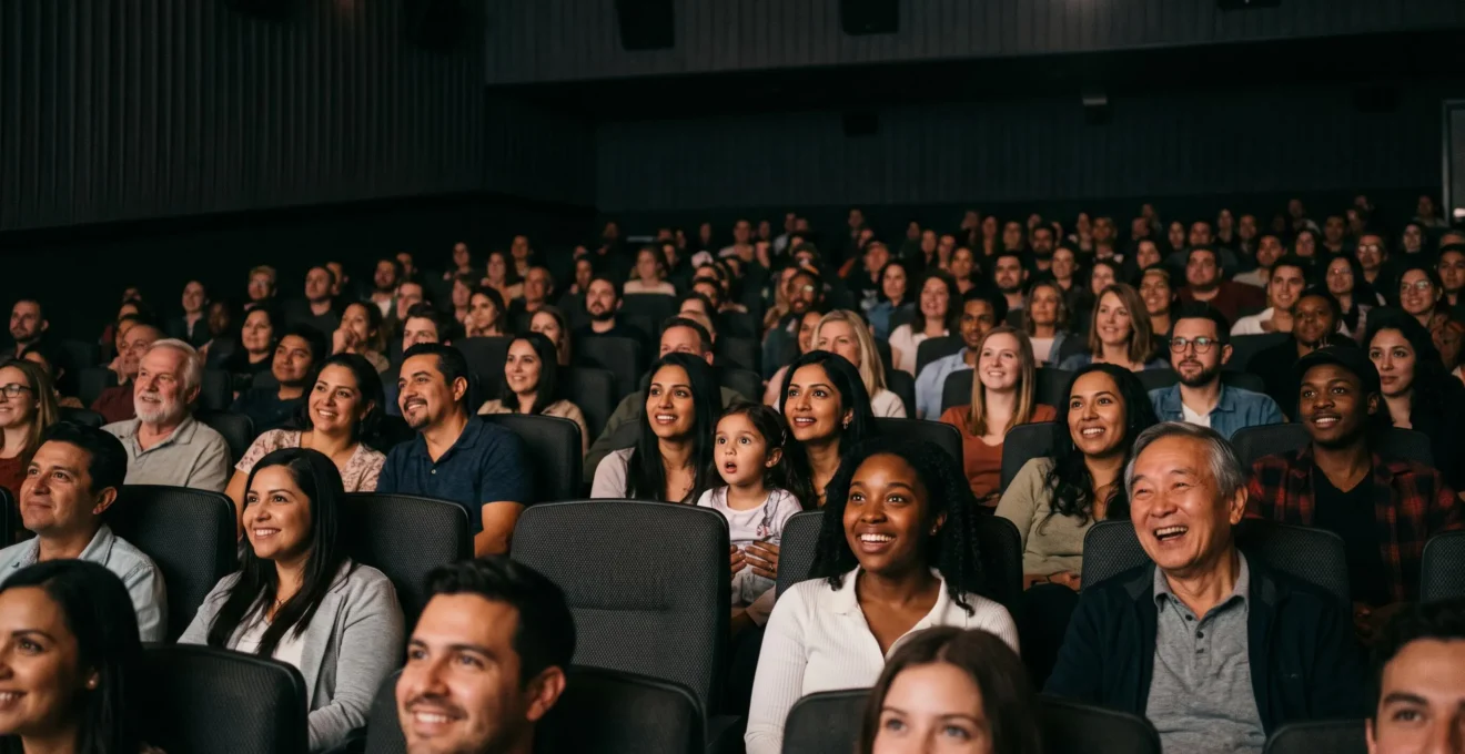 Foule diverse de spectateurs de tous âges et origines, visages illuminés par une lumière chaude hors champ, unis dans un moment de fascination collective