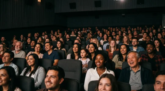 Foule diverse de spectateurs de tous âges et origines, visages illuminés par une lumière chaude hors champ, unis dans un moment de fascination collective
