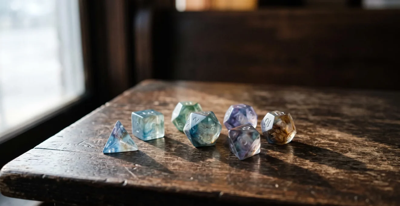 Un set complet de sept dés polyédriques de jeu de rôle aux formes géométriques variées, disposés sur une table en bois
