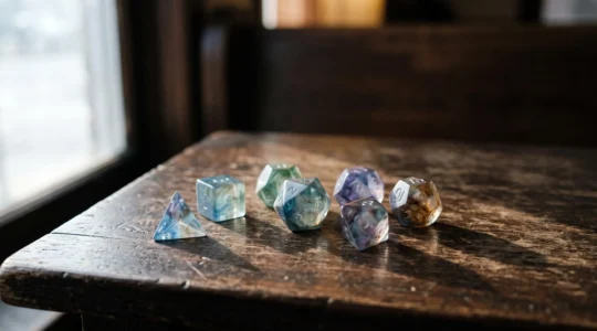 Un set complet de sept dés polyédriques de jeu de rôle aux formes géométriques variées, disposés sur une table en bois