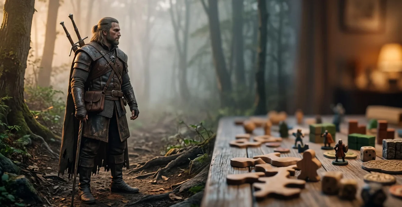 Un sorceleur solitaire equipe pour la chasse, incarnant le pont entre l'univers video et le jeu de plateau The Witcher