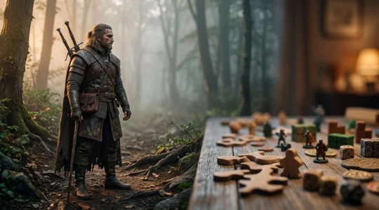 Un sorceleur solitaire equipe pour la chasse, incarnant le pont entre l'univers video et le jeu de plateau The Witcher