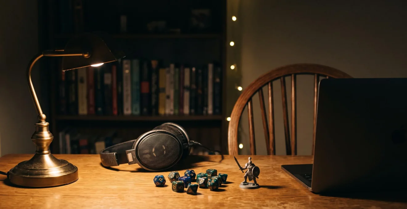 Ambiance chaleureuse d'une session de jeu de rôle à distance, casque audio et dés sur un bureau faiblement éclairé