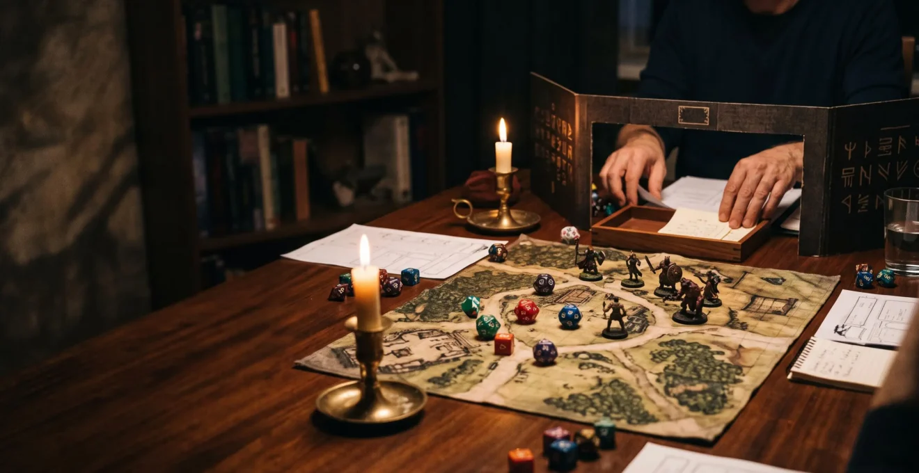 Table de jeu de rôle éclairée en clair-obscur avec dés, figurines et écran de meneur de jeu, symbolisant une campagne prête à jouer