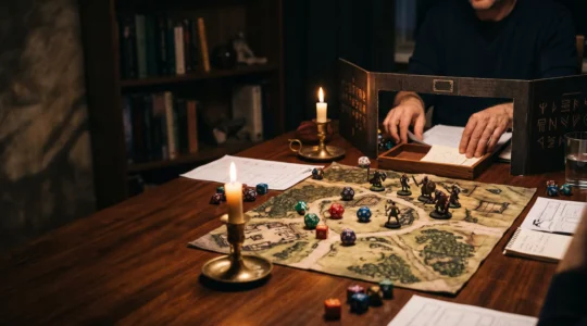 Table de jeu de rôle éclairée en clair-obscur avec dés, figurines et écran de meneur de jeu, symbolisant une campagne prête à jouer