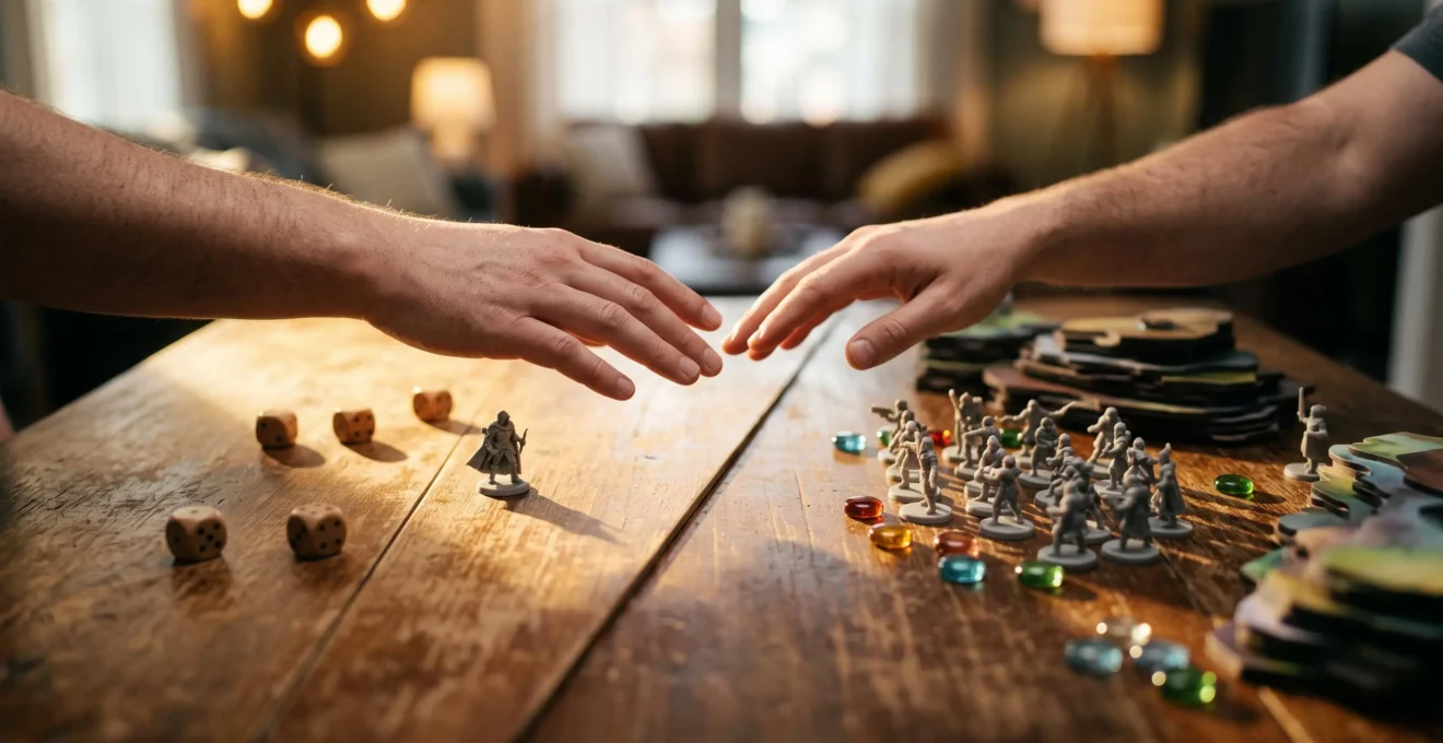 Une table de jeu de role partagee entre deux ambiances distinctes, symbolisant le choix entre deux systemes de jeu