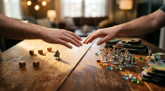 Une table de jeu de role partagee entre deux ambiances distinctes, symbolisant le choix entre deux systemes de jeu