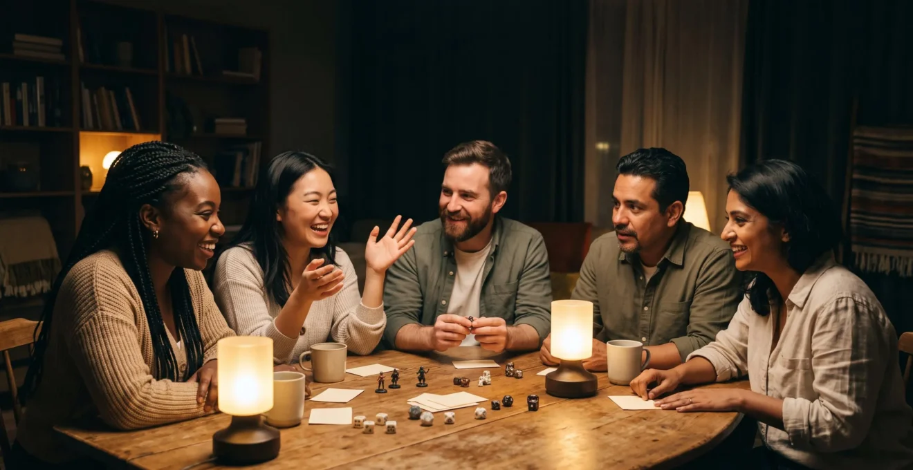 Groupe de joueurs autour d'une table de jeu de rôle plongés dans une histoire collective, ambiance chaleureuse et immersive