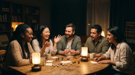 Groupe de joueurs autour d'une table de jeu de rôle plongés dans une histoire collective, ambiance chaleureuse et immersive