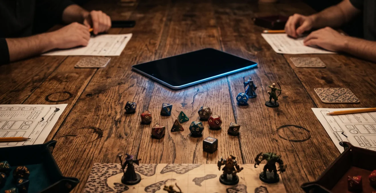 Table de jeu de rôle où se mêlent dés physiques et lueur discrète d'un outil numérique, symbolisant la fusion entre tradition et technologie