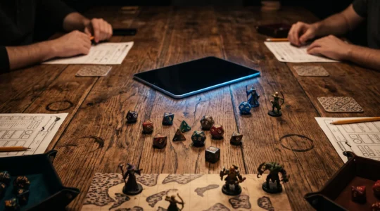 Table de jeu de rôle où se mêlent dés physiques et lueur discrète d'un outil numérique, symbolisant la fusion entre tradition et technologie