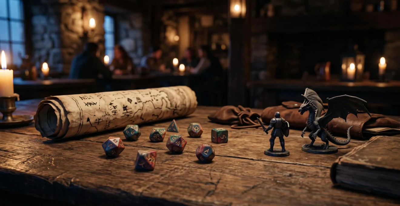Table de jeu de rôle éclairée à la bougie avec dés polyédriques, figurines et carte dessinée à la main, symbolisant l'héritage de cinquante ans de Donjons et Dragons