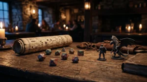 Table de jeu de rôle éclairée à la bougie avec dés polyédriques, figurines et carte dessinée à la main, symbolisant l'héritage de cinquante ans de Donjons et Dragons