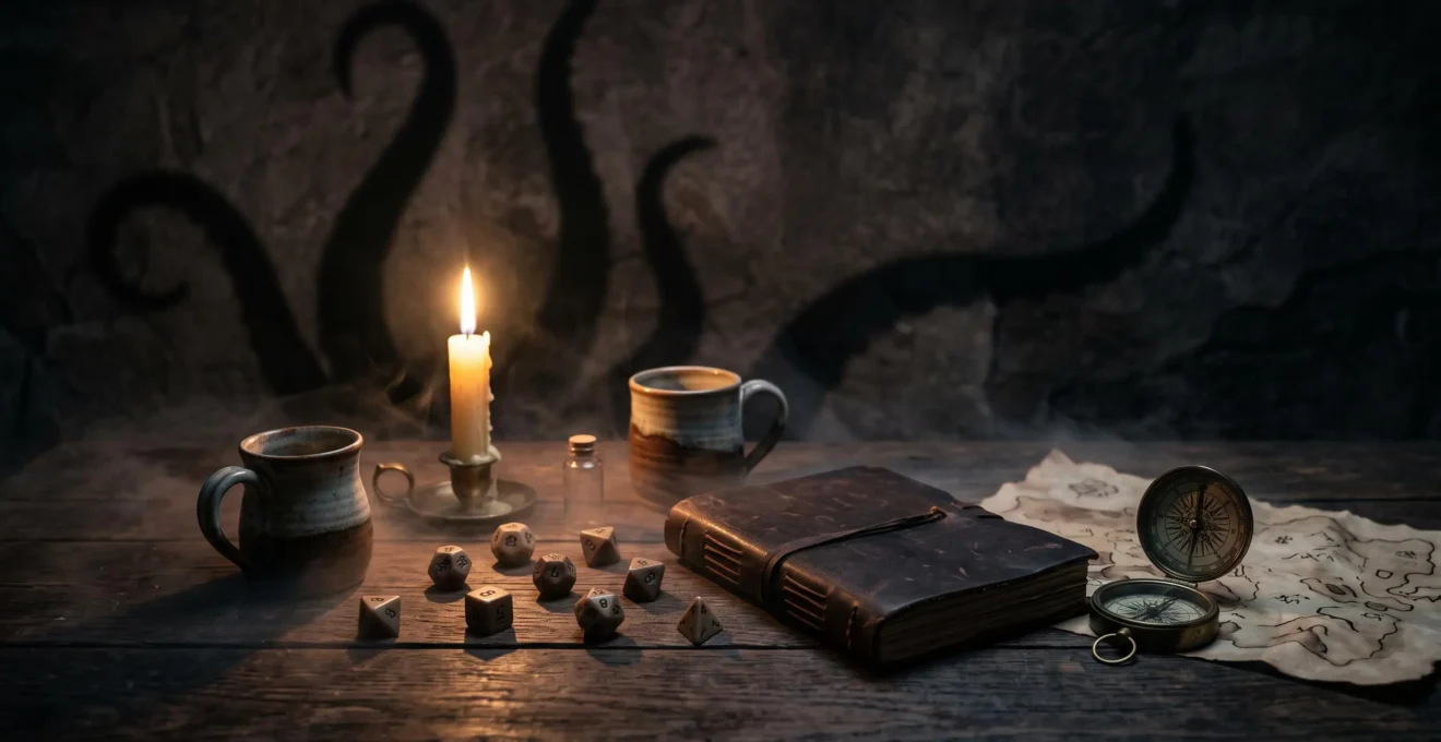 Table de jeu de rôle plongée dans une ambiance d'horreur cosmique, éclairée par une bougie avec des ombres inquiétantes