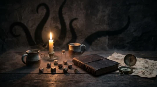Table de jeu de rôle plongée dans une ambiance d'horreur cosmique, éclairée par une bougie avec des ombres inquiétantes