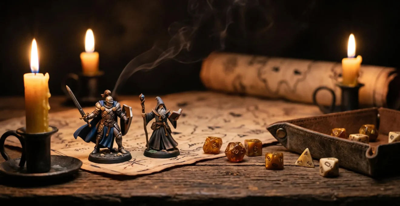 Table de jeu de rôle éclairée à la bougie avec figurines, dés et carte de monde imaginaire, ambiance médiévale-fantastique