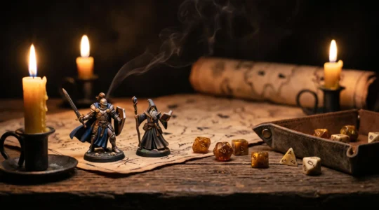 Table de jeu de rôle éclairée à la bougie avec figurines, dés et carte de monde imaginaire, ambiance médiévale-fantastique