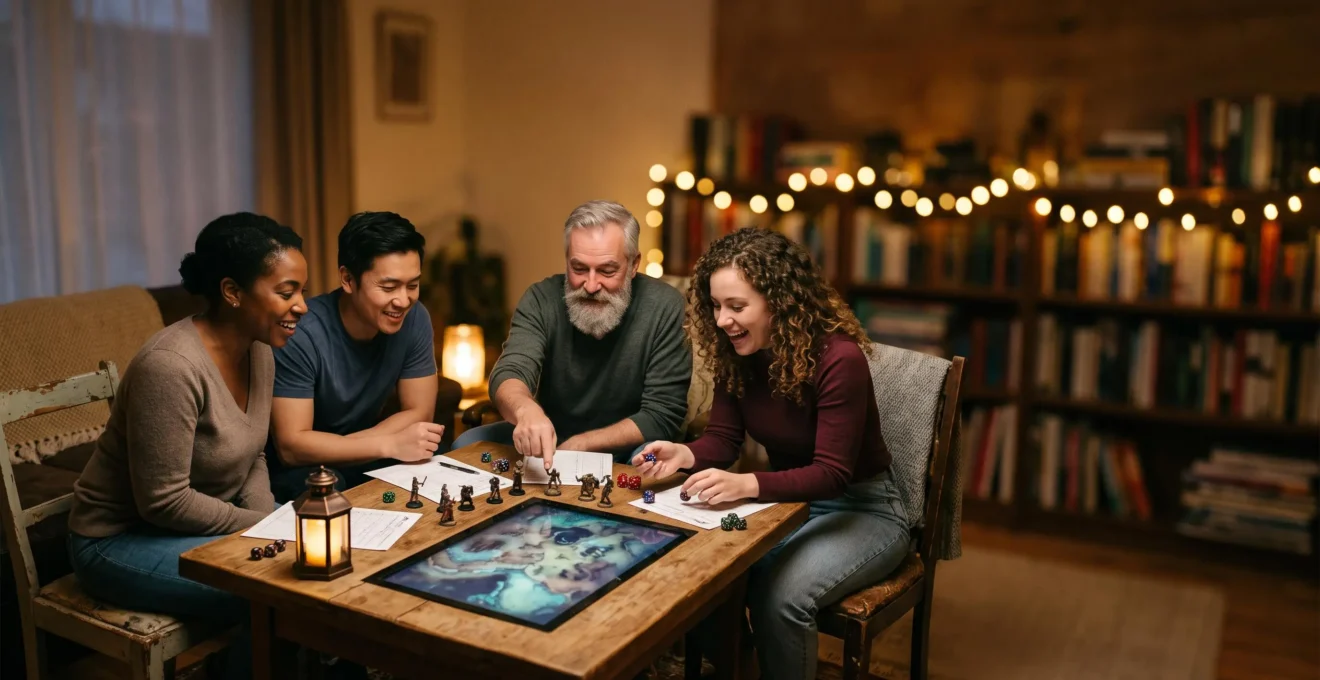 Groupe d'amis reunis autour d'une table basse jouant a un jeu de role avec une carte numerique lumineuse integree au plateau