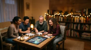 Groupe d'amis reunis autour d'une table basse jouant a un jeu de role avec une carte numerique lumineuse integree au plateau