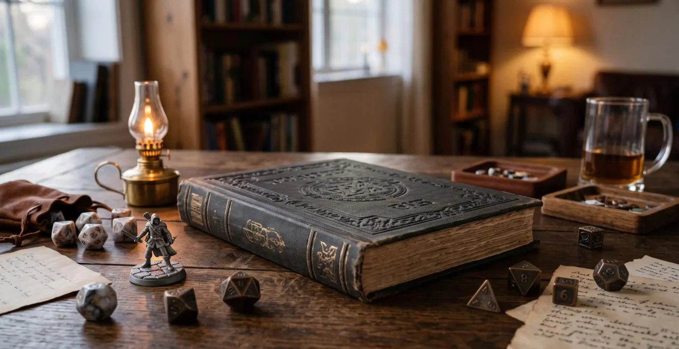 Un joueur de jeu de rôle sur table feuilletant son propre exemplaire relié du Livre du Joueur, entouré de dés et de figurines, dans une ambiance chaleureuse de soirée jeu.