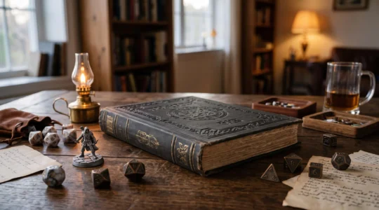 Un joueur de jeu de rôle sur table feuilletant son propre exemplaire relié du Livre du Joueur, entouré de dés et de figurines, dans une ambiance chaleureuse de soirée jeu.