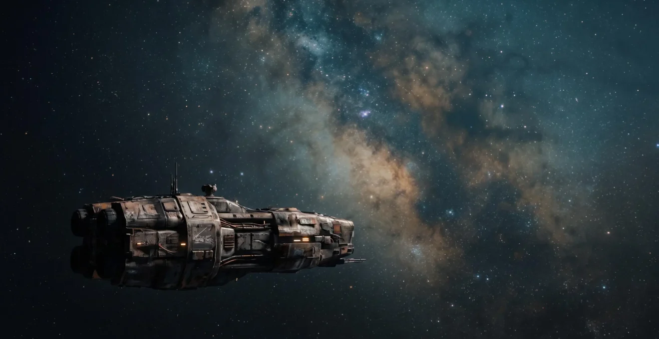 Vaisseau spatial usé et rafistolé voguant devant une nébuleuse colorée, symbole de l'aventure spatiale et du genre space opera