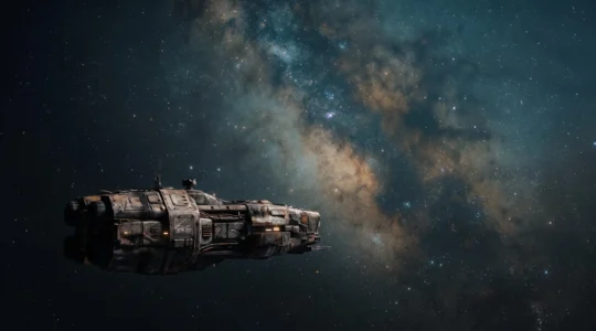 Vaisseau spatial usé et rafistolé voguant devant une nébuleuse colorée, symbole de l'aventure spatiale et du genre space opera